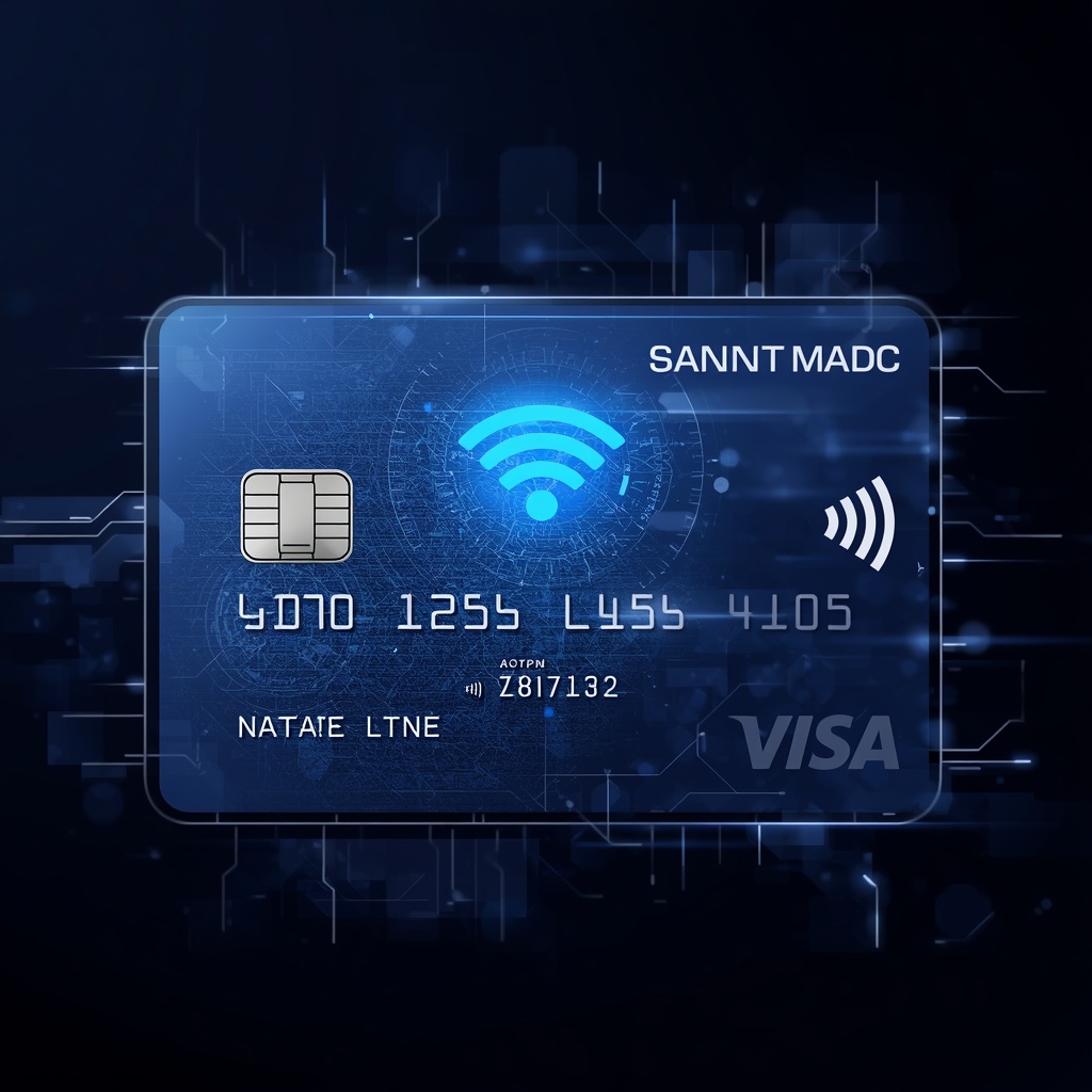 Modern credit card with contactless payment symbol and digital interface overlay, futuristic banking concept, professional financial technology